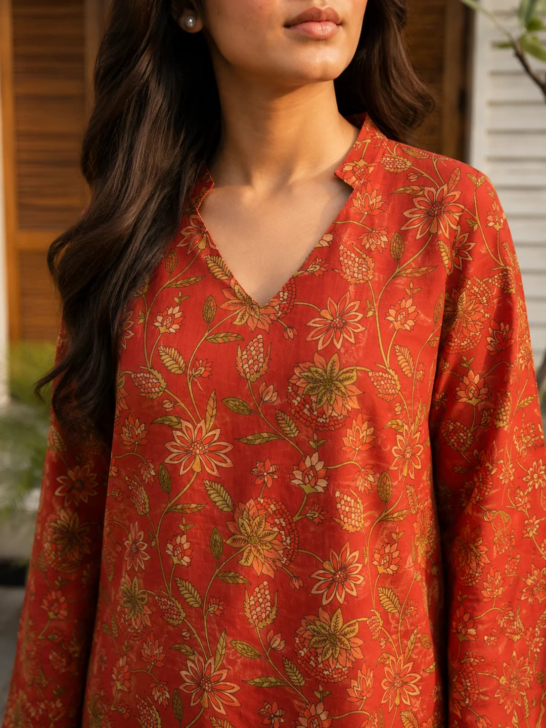 Rust Red Floral Printed Short Kurti in Cotton