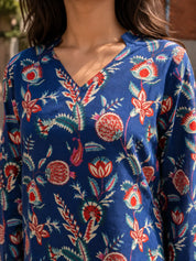 Dark Blue Floral Jaal Printed Cotton Short Kurti