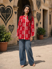 Red Block Printed Cotton Short Kurti