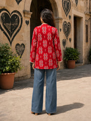 Red Block Printed Cotton Short Kurti