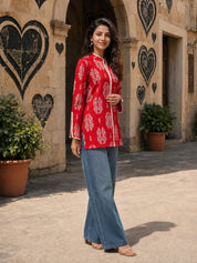 Red Block Printed Cotton Short Kurti