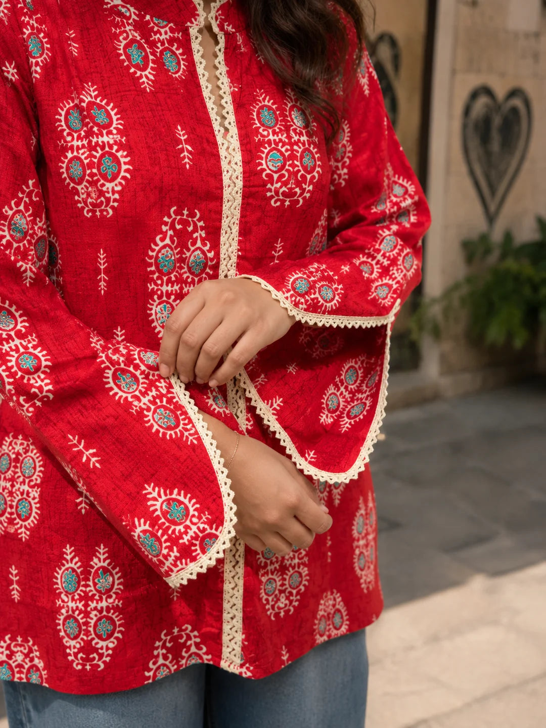 Red Block Printed Cotton Short Kurti