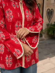 Red Block Printed Cotton Short Kurti