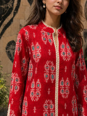 Red Block Printed Cotton Short Kurti