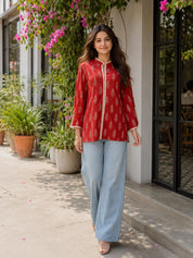 Brick Red Tree Buti Printed Cotton Short Kurti