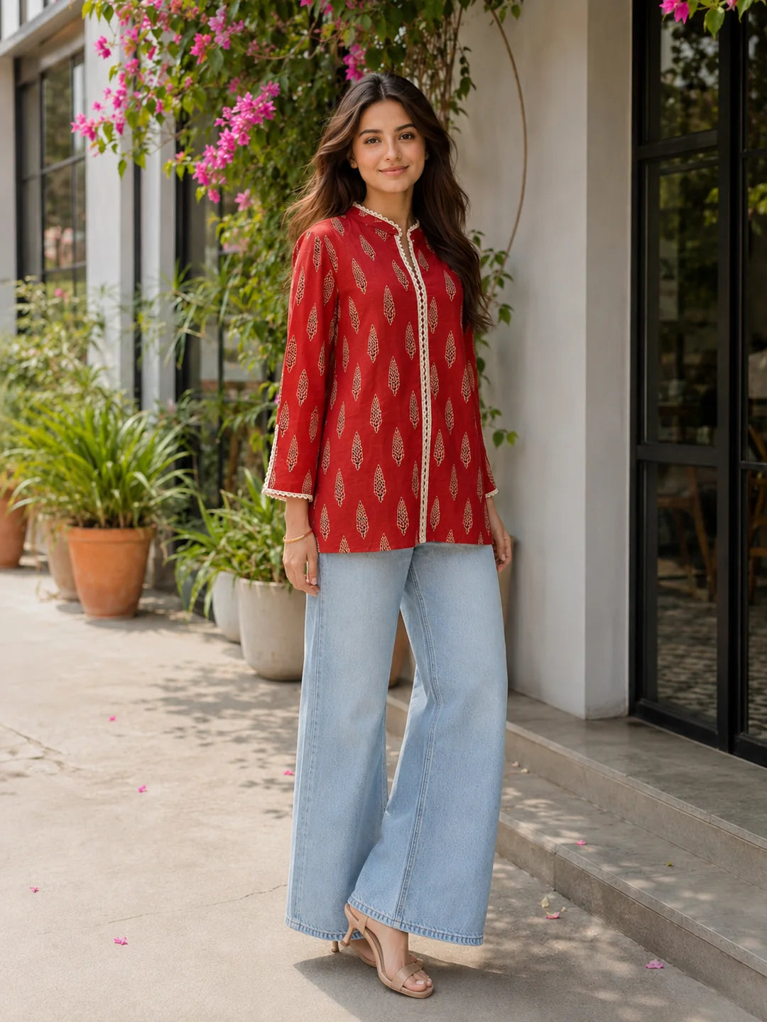 Brick Red Tree Buti Printed Cotton Short Kurti