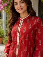 Brick Red Tree Buti Printed Cotton Short Kurti