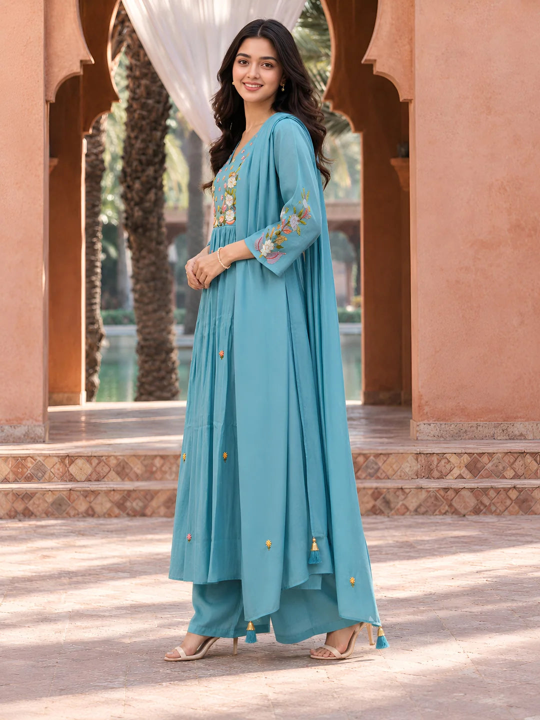 Sky Blue Multicolor Floral Embroidered 3 Pc Kurta Set in Mul Chanderi
