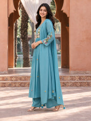 Sky Blue Multicolor Floral Embroidered 3 Pc Kurta Set in Mul Chanderi