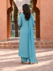 Sky Blue Multicolor Floral Embroidered 3 Pc Kurta Set in Mul Chanderi
