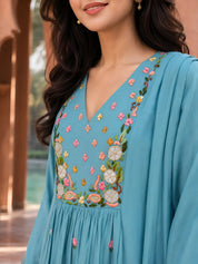 Sky Blue Multicolor Floral Embroidered 3 Pc Kurta Set in Mul Chanderi