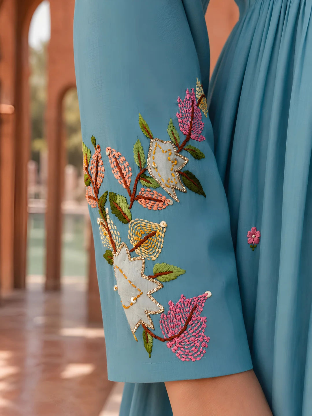 Sky Blue Multicolor Floral Embroidered 3 Pc Kurta Set in Mul Chanderi