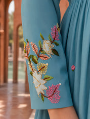 Sky Blue Multicolor Floral Embroidered 3 Pc Kurta Set in Mul Chanderi