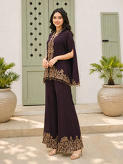 Brown Embroidered 3-Piece Chinnon Silk Co-ord Set