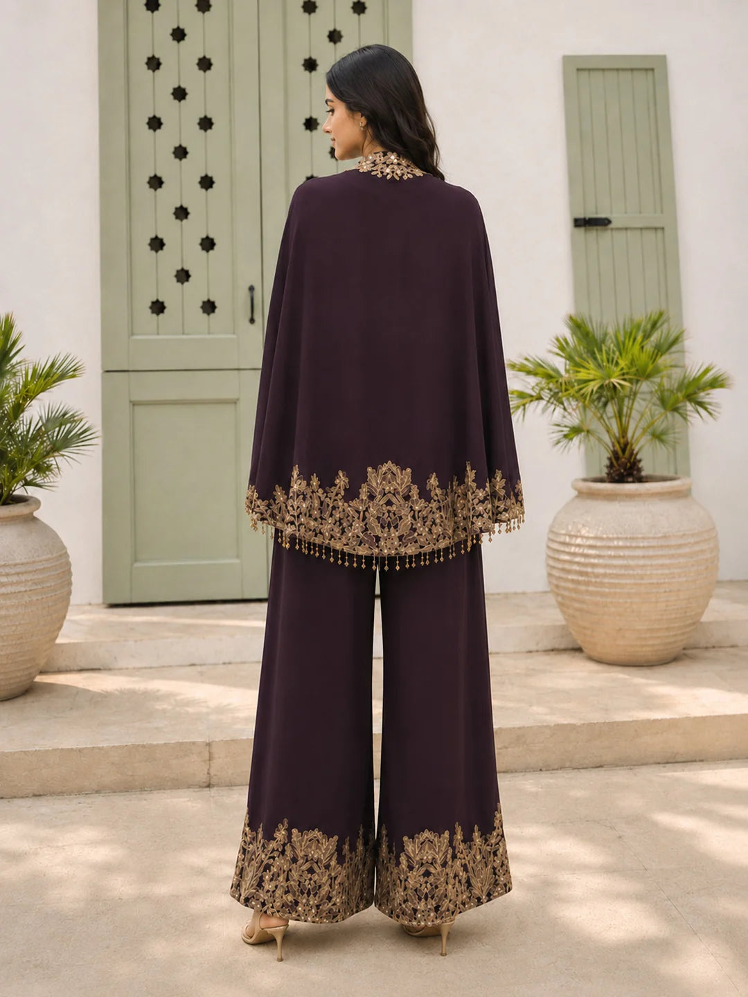 Brown Embroidered 3-Piece Chinnon Silk Co-ord Set