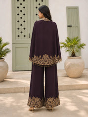 Brown Embroidered 3-Piece Chinnon Silk Co-ord Set