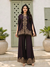 Brown Embroidered 3-Piece Chinnon Silk Co-ord Set