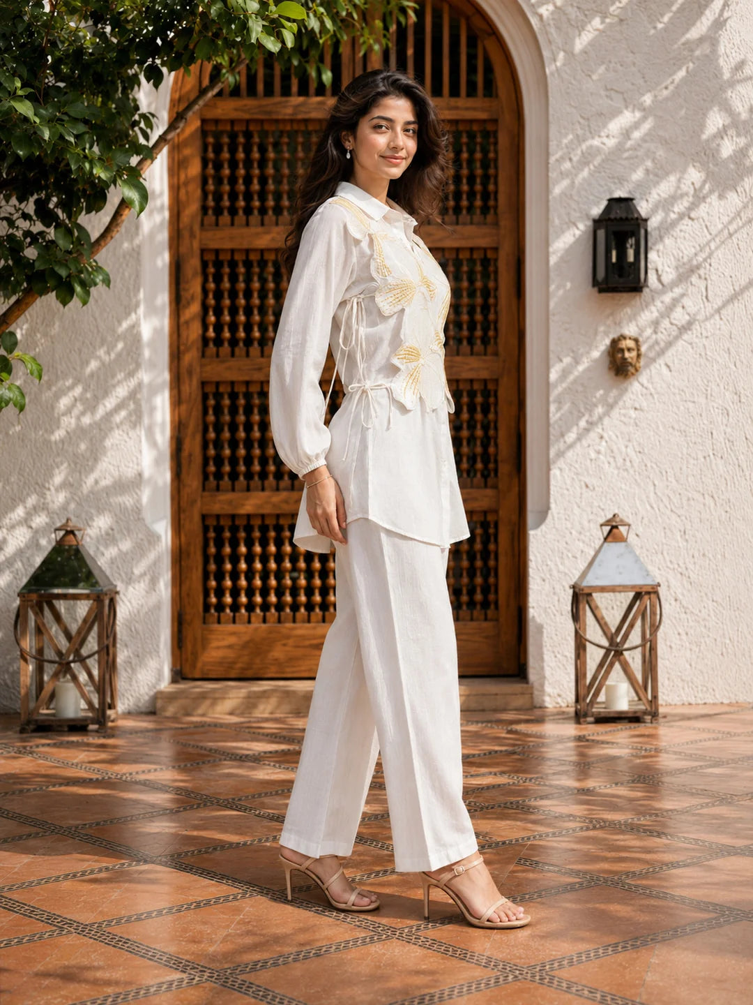 White Embroidered 3-Piece Cotton Co-ord Set