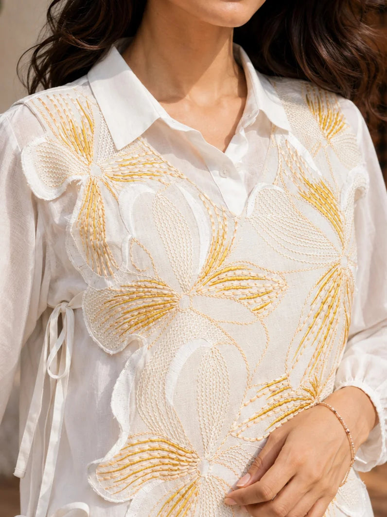 White Embroidered 3-Piece Cotton Co-ord Set