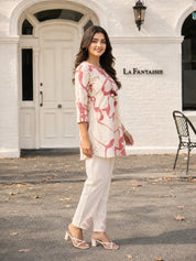 Cream & Dusty Rose Abstract Print Cotton Flex Co-ord Set