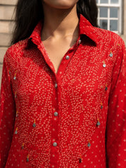 Red Metal Embellished Bandhani Printed Shirt in Crepe