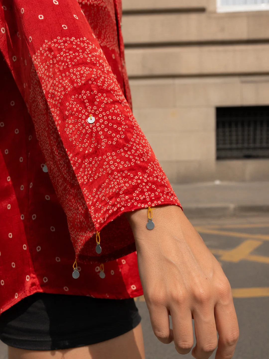 Red Metal Embellished Bandhani Printed Shirt in Crepe