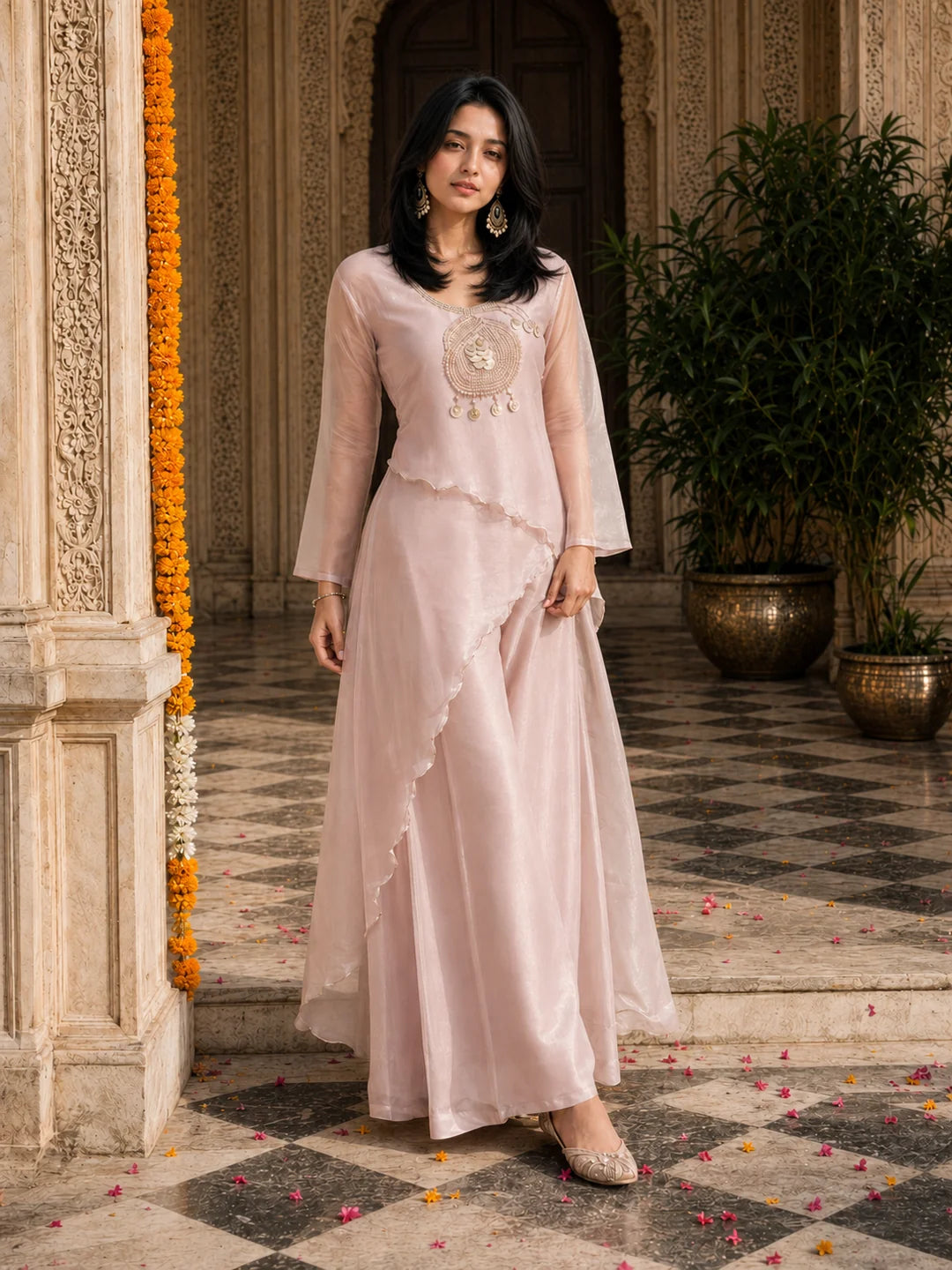 Pink Embellished 2 Pc Co-ord Set in Organza