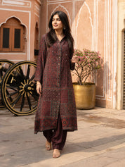 Maroon Ajrakh Printed Shirt Collar Kurta Set in Crepe