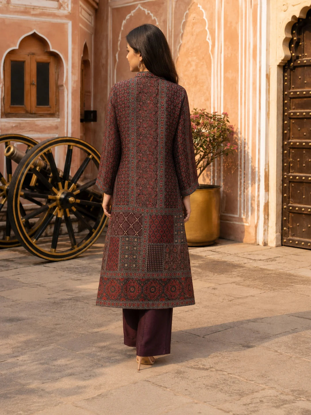 Maroon Ajrakh Printed Shirt Collar Kurta Set in Crepe
