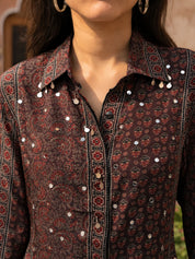 Maroon Ajrakh Printed Shirt Collar Kurta Set in Crepe