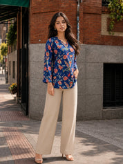 Dark Blue Floral Jaal Printed Cotton Short Kurti