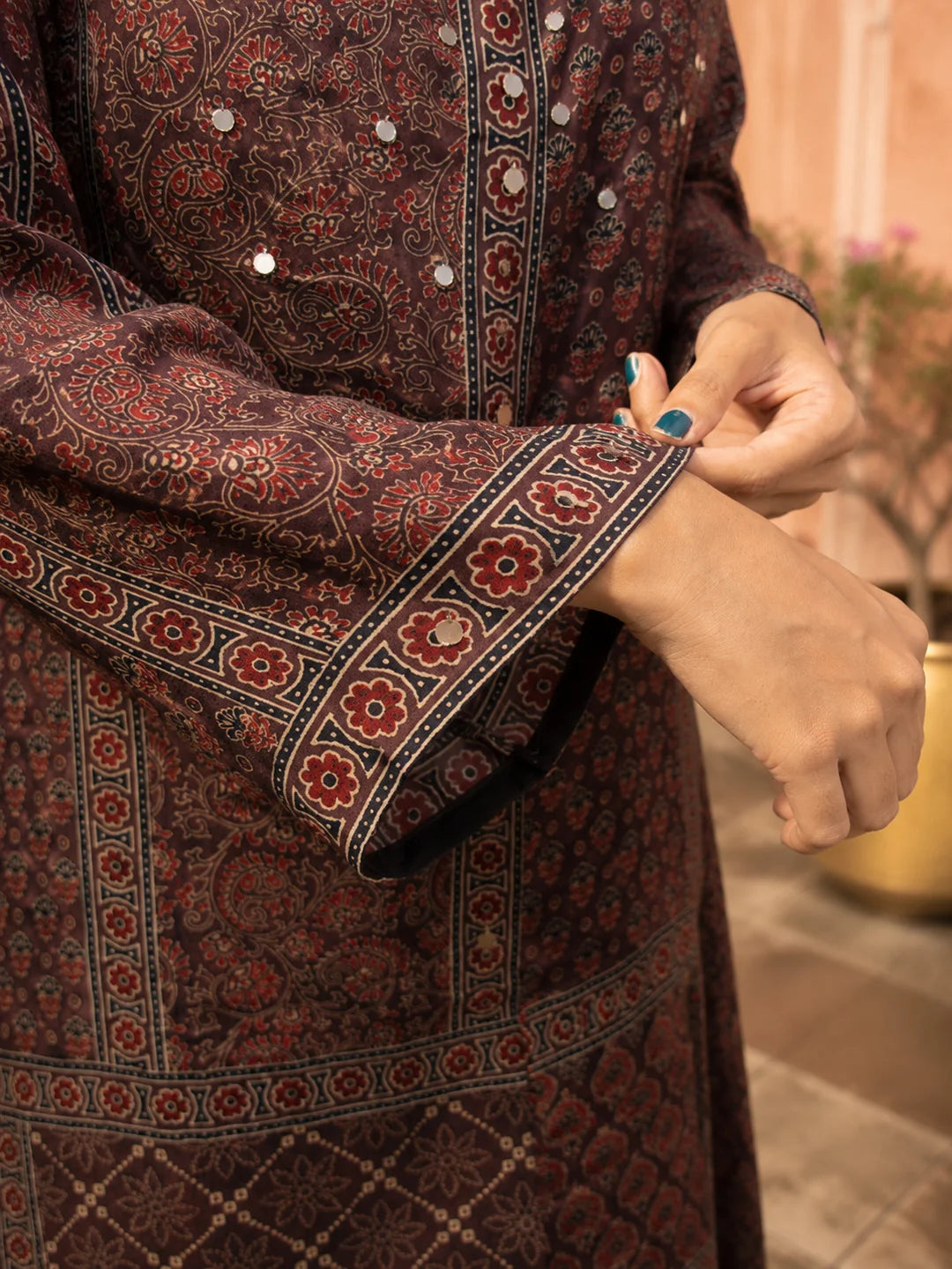 Maroon Ajrakh Printed Shirt Collar Kurta Set in Crepe