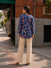 Dark Blue Floral Jaal Printed Cotton Short Kurti