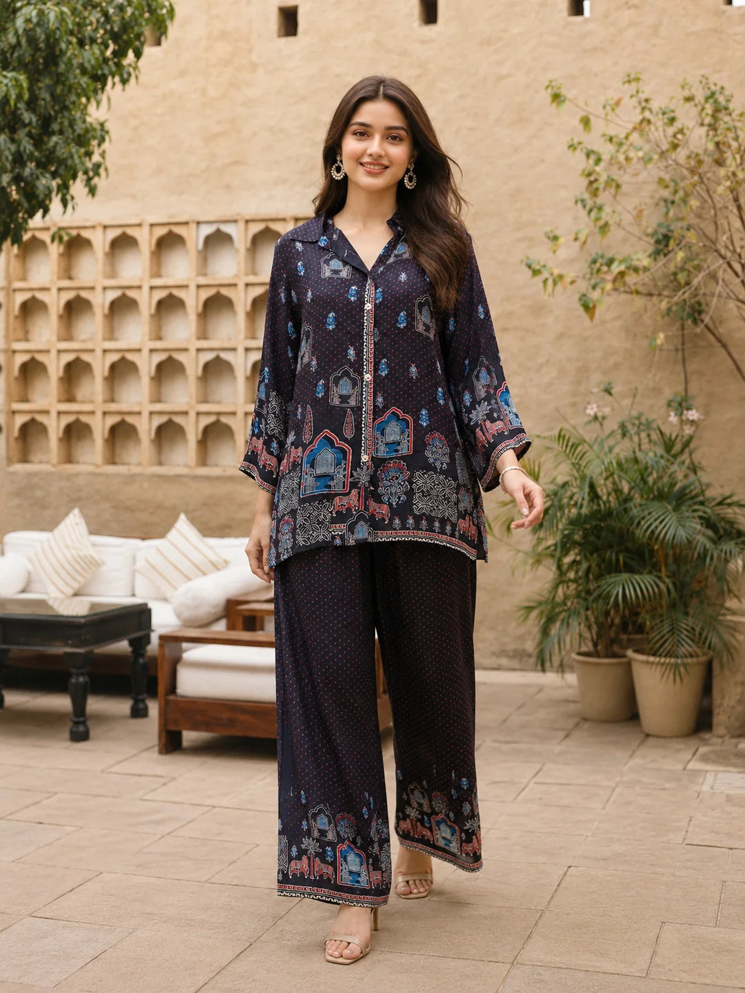 Black Paisley Buti & Red Polka Printed Shirt Co-ord Set in Shimmer Tissue