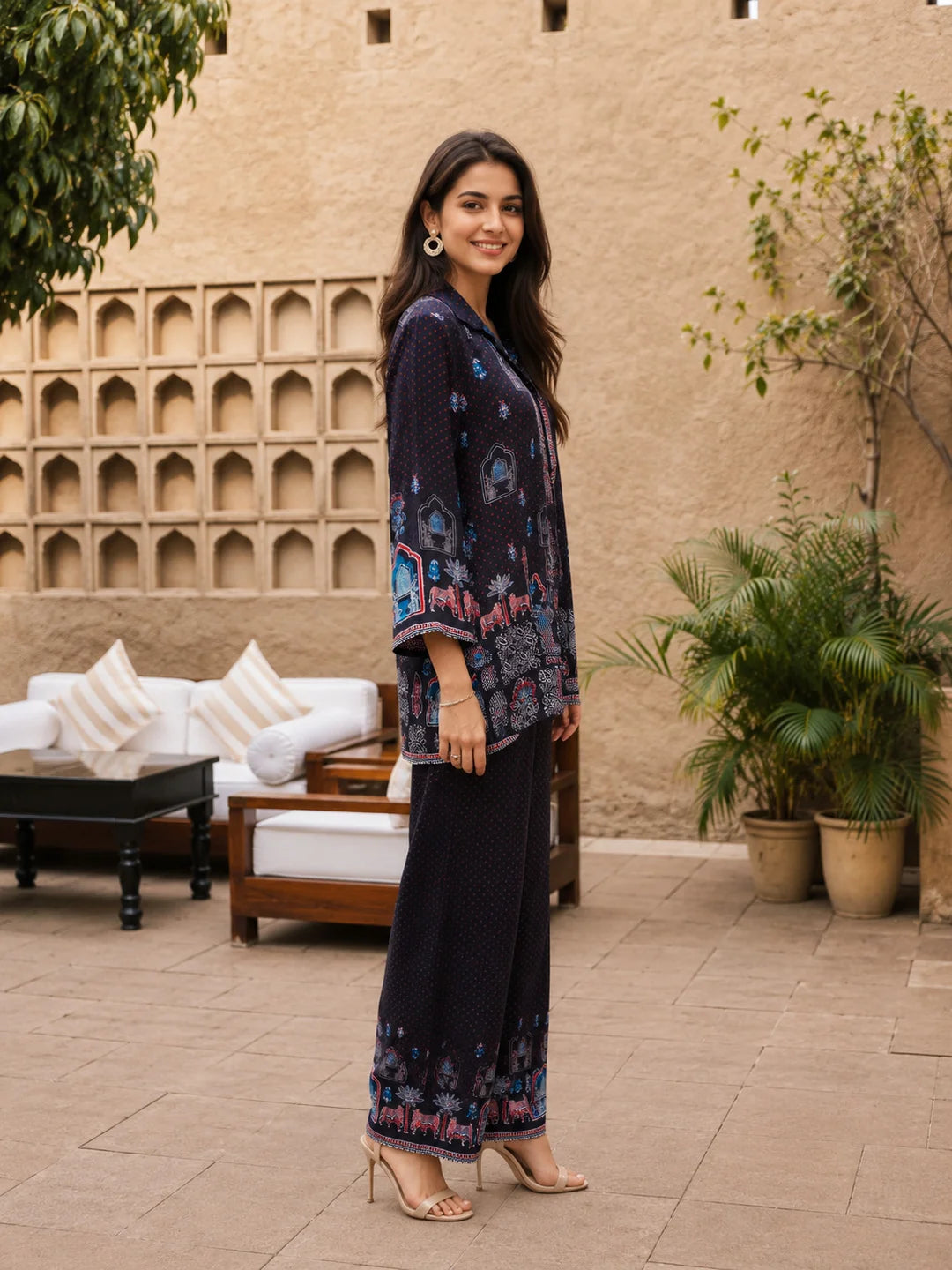 Black Paisley Buti & Red Polka Printed Shirt Co-ord Set in Shimmer Tissue