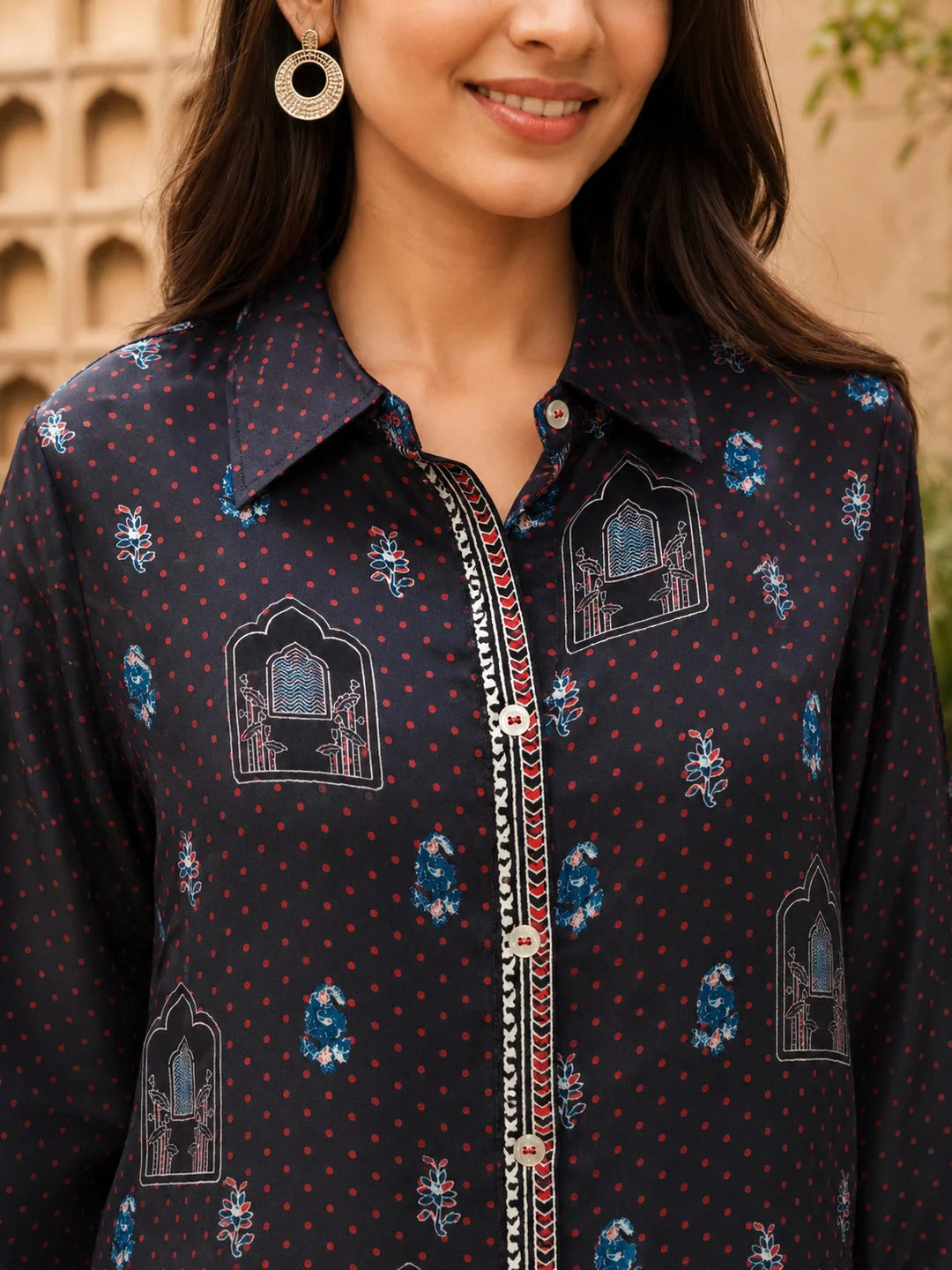 Black Paisley Buti & Red Polka Printed Shirt Co-ord Set in Shimmer Tissue