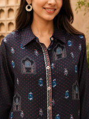 Black Paisley Buti & Red Polka Printed Shirt Co-ord Set in Shimmer Tissue