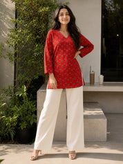 Red Black Floral Buti Printed Cotton Short Kurti