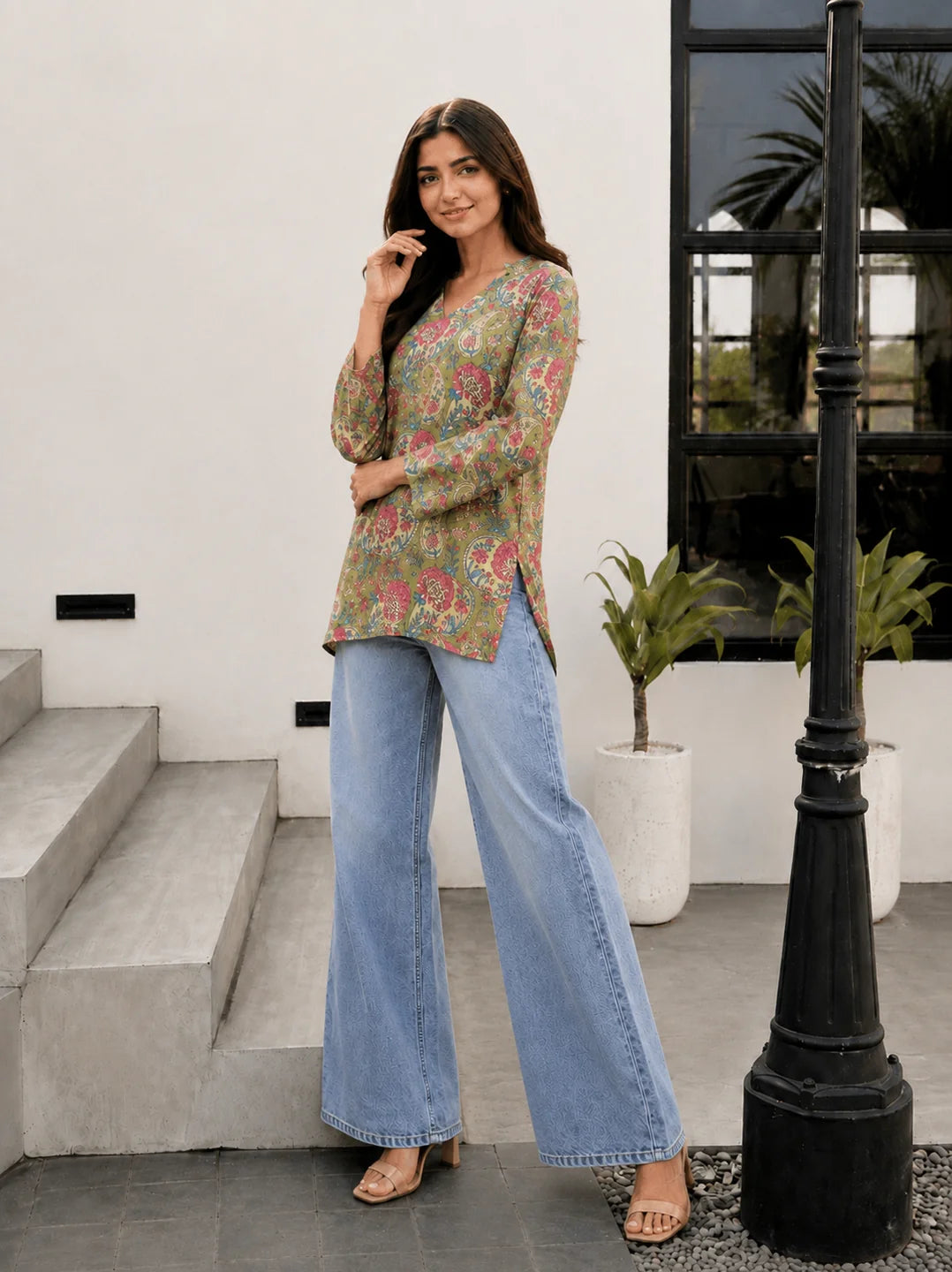 Light Green Floral Jaal Printed Cotton Short Kurti
