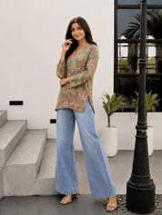 Light Green Floral Jaal Printed Cotton Short Kurti