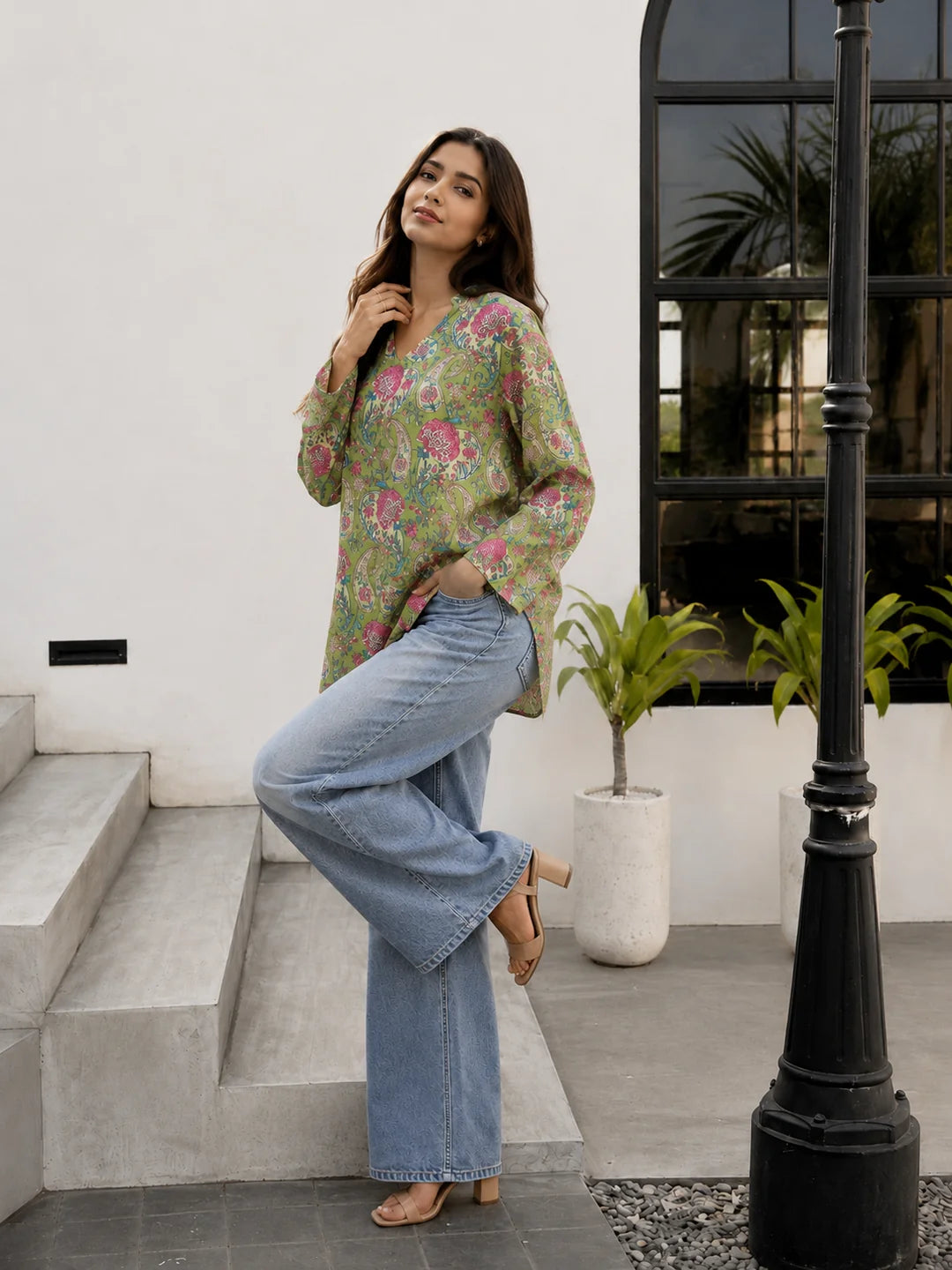 Light Green Floral Jaal Printed Cotton Short Kurti
