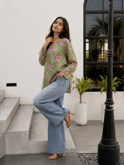 Light Green Floral Jaal Printed Cotton Short Kurti