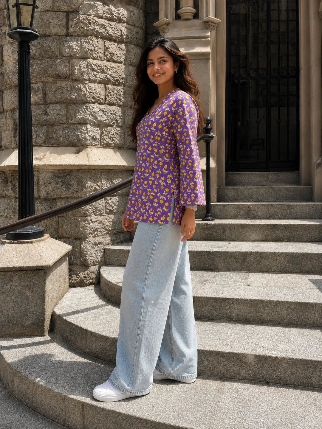 Purple Yellow Floral Buti Printed Cotton Short Kurti