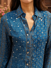 Indigo Ajrakh Printed Shirt Collar Kurta Set with Maroon Pants in Crepe