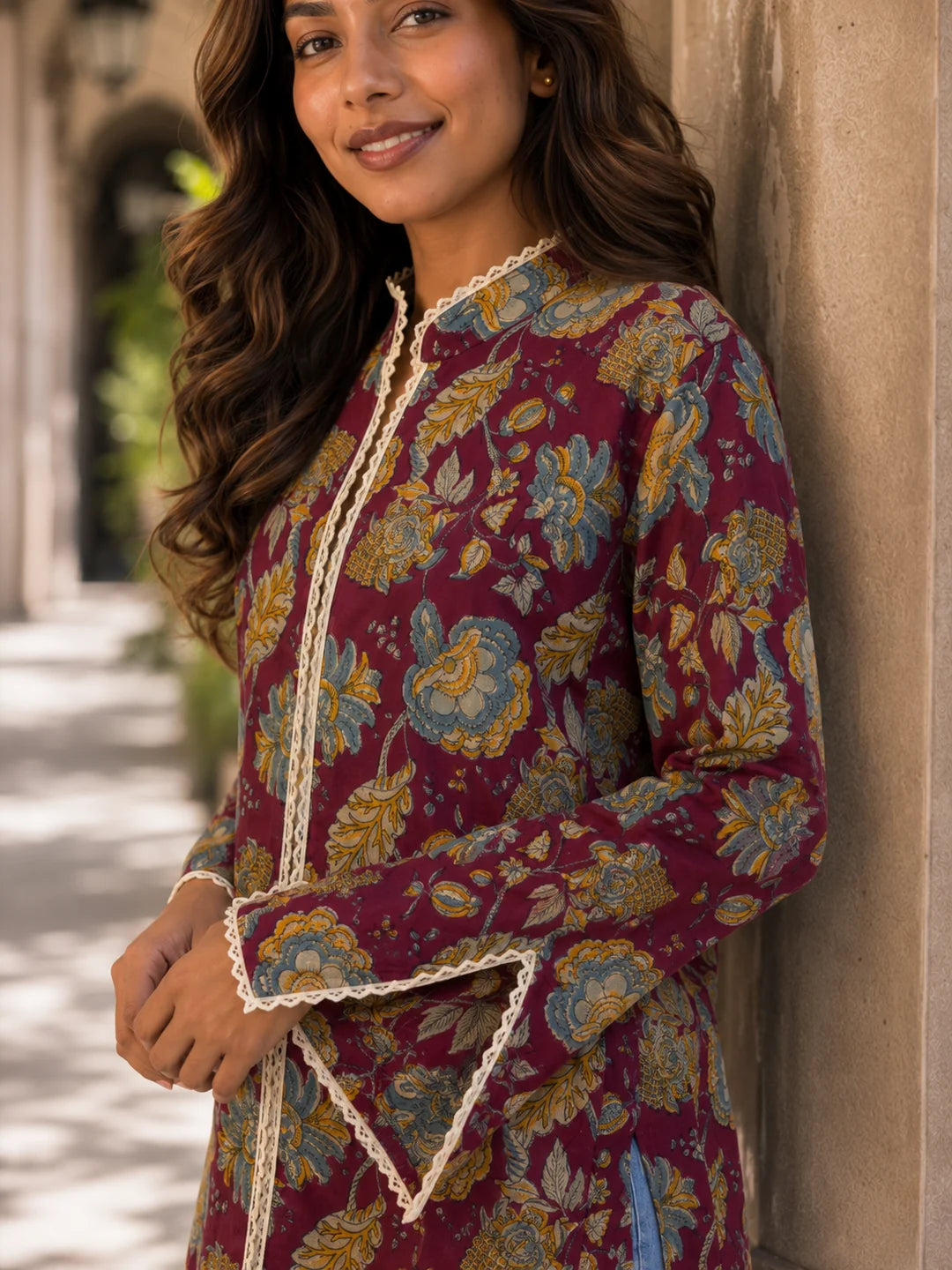 Plum Floral Jaal Printed Cotton Short Kurti