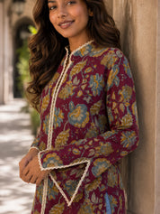 Plum Floral Jaal Printed Cotton Short Kurti