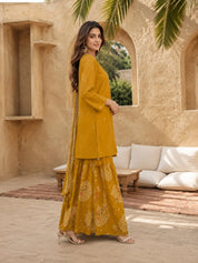 Yellow Embroidered 3 Pc Kurta Set with Printed Palazzo and Dupatta