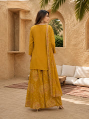 Yellow Embroidered 3 Pc Kurta Set with Printed Palazzo and Dupatta