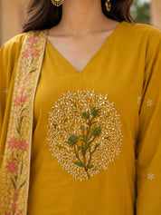 Yellow Embroidered 3 Pc Kurta Set with Printed Palazzo and Dupatta