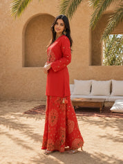Red Embroidered 3 Pc Kurta Set with Printed Palazzo and Dupatta